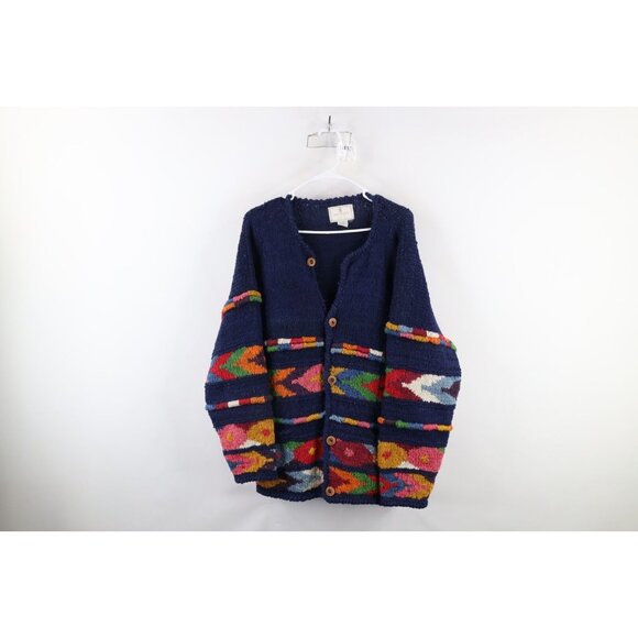 Vtg 90s Streetwear Womens OS Heavyweight Wool Hand Knit Rainbow Cardigan Sweater